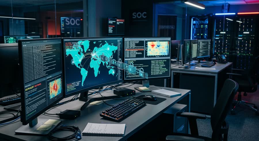 North Atlantic One security operations centre with threat map and encryption status screens
